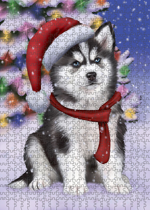 Winterland Wonderland Siberian Husky Dog In Christmas Holiday Scenic Background Puzzle with Photo Tin PUZL80856