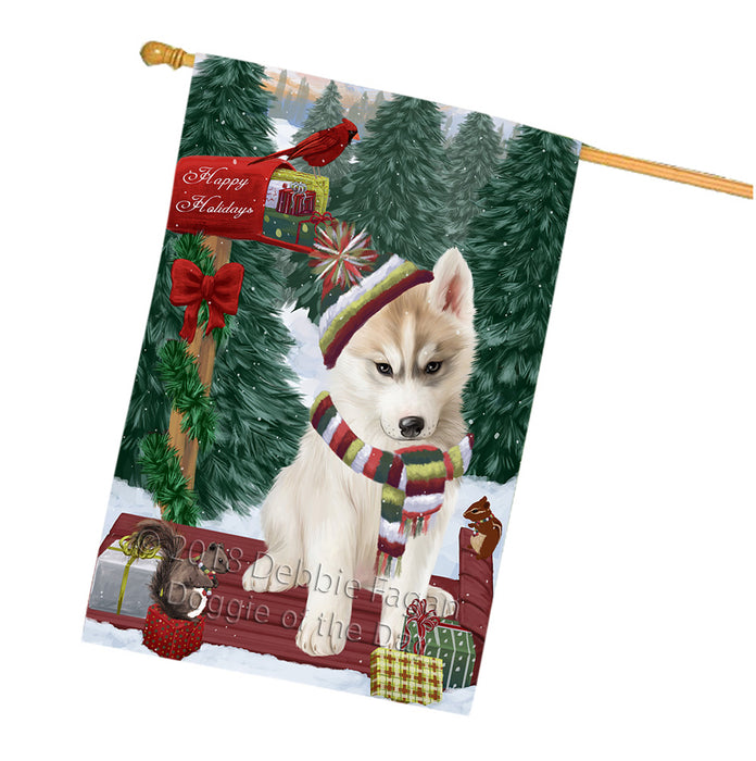 Merry Christmas Woodland Sled Siberian Husky Dog House Flag FLG55474