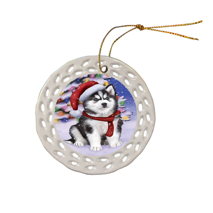 Winterland Wonderland Siberian Huskie Dog In Christmas Holiday Scenic Background  Ceramic Doily Ornament DPOR53425