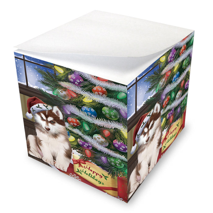 Christmas Happy Holidays Siberian Husky Dog with Tree and Presents Note Cube NOC55510