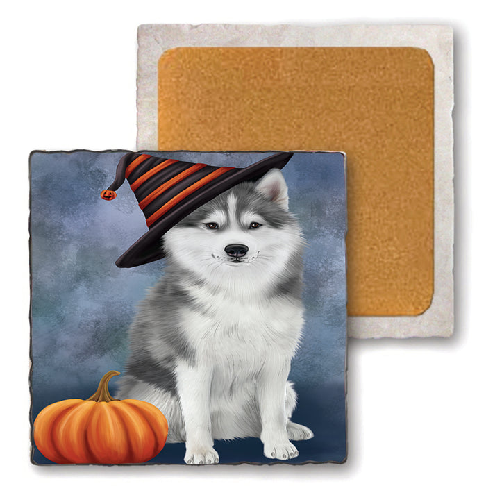 Happy Halloween Siberian Husky Dog Wearing Witch Hat with Pumpkin Set of 4 Natural Stone Marble Tile Coasters MCST49779