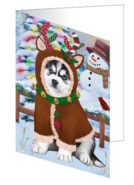 Christmas Gingerbread House Candyfest Siberian Husky Dog Handmade Artwork Assorted Pets Greeting Cards and Note Cards with Envelopes for All Occasions and Holiday Seasons GCD74210