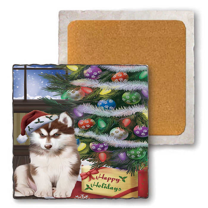 Christmas Happy Holidays Siberian Husky Dog with Tree and Presents Set of 4 Natural Stone Marble Tile Coasters MCST48864