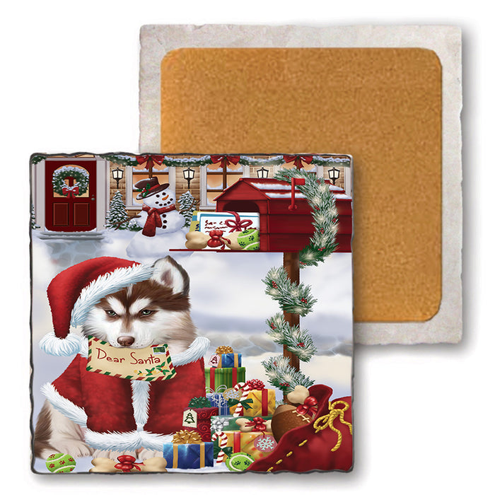 Siberian Husky Dog Dear Santa Letter Christmas Holiday Mailbox Set of 4 Natural Stone Marble Tile Coasters MCST48933