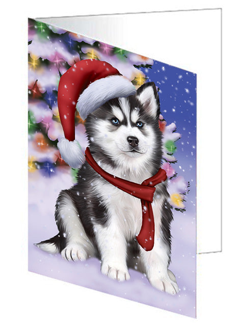Winterland Wonderland Siberian Husky Dog In Christmas Holiday Scenic Background  Handmade Artwork Assorted Pets Greeting Cards and Note Cards with Envelopes for All Occasions and Holiday Seasons GCD64304