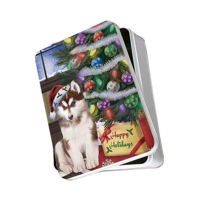Christmas Happy Holidays Siberian Husky Dog with Tree and Presents Photo Storage Tin PITN53807