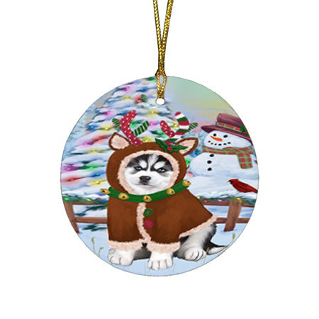 Christmas Gingerbread House Candyfest Siberian Husky Dog Round Flat Christmas Ornament RFPOR56921