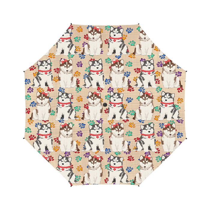 Rainbow Paw Print Siberian Husky Dogs Red Semi-Automatic Foldable Umbrella