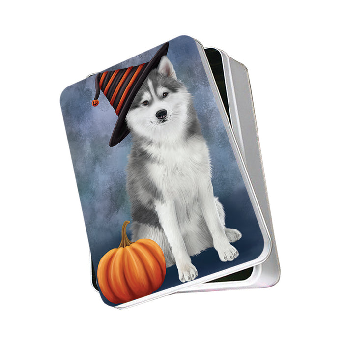 Happy Halloween Siberian Husky Dog Wearing Witch Hat with Pumpkin Photo Storage Tin PITN54722