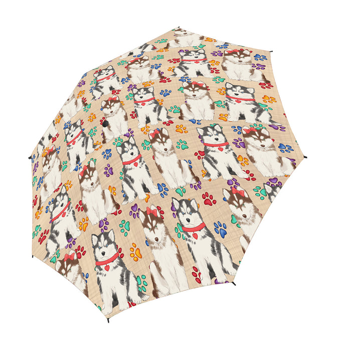 Rainbow Paw Print Siberian Husky Dogs Red Semi-Automatic Foldable Umbrella