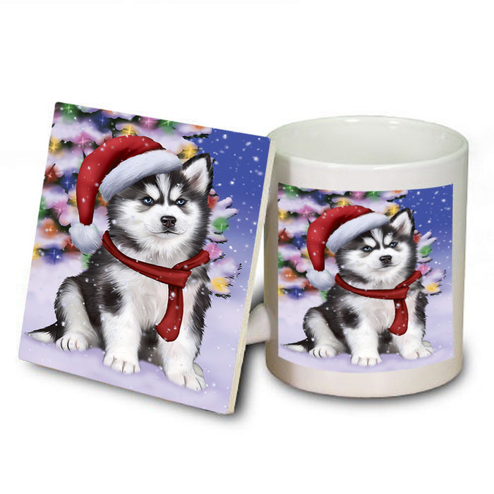 Winterland Wonderland Siberian Huskie Dog In Christmas Holiday Scenic Background  Mug and Coaster Set MUC53417