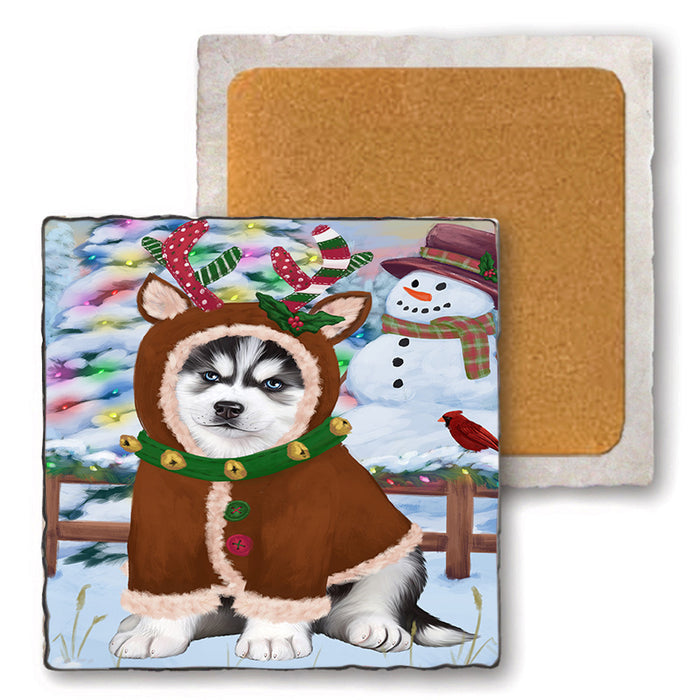 Christmas Gingerbread House Candyfest Siberian Husky Dog Set of 4 Natural Stone Marble Tile Coasters MCST51565