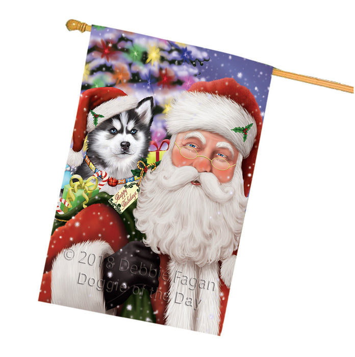 Santa Carrying Siberian Huskie Dog and Christmas Presents House Flag FLG54221