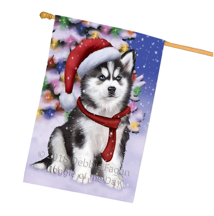 Winterland Wonderland Siberian Huskie Dog In Christmas Holiday Scenic Background  House Flag FLG53623