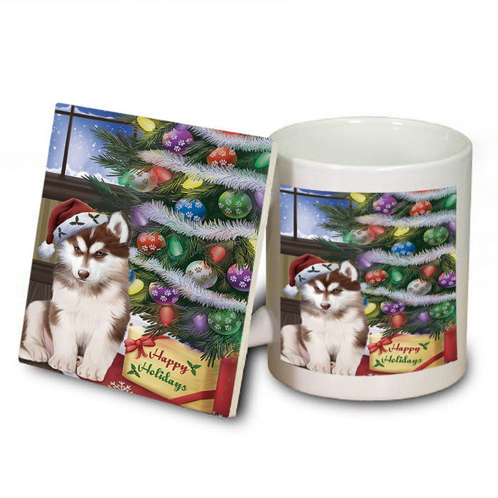 Christmas Happy Holidays Siberian Husky Dog with Tree and Presents Mug and Coaster Set MUC53856