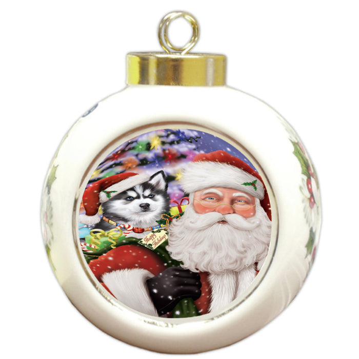 Santa Carrying Siberian Huskie Dog and Christmas Presents Round Ball Christmas Ornament RBPOR54023