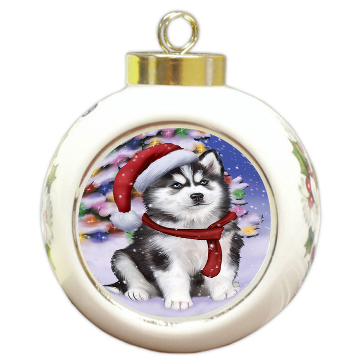 Winterland Wonderland Siberian Huskie Dog In Christmas Holiday Scenic Background  Round Ball Christmas Ornament RBPOR53425