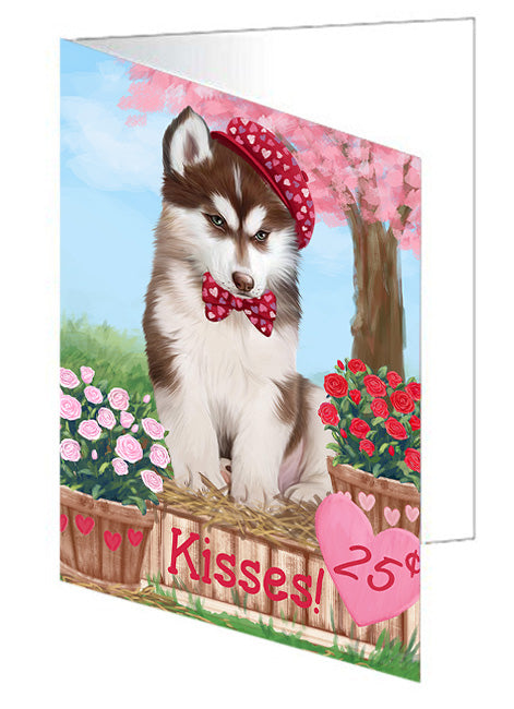 Rosie 25 Cent Kisses Siberian Husky Dog Handmade Artwork Assorted Pets Greeting Cards and Note Cards with Envelopes for All Occasions and Holiday Seasons GCD73238