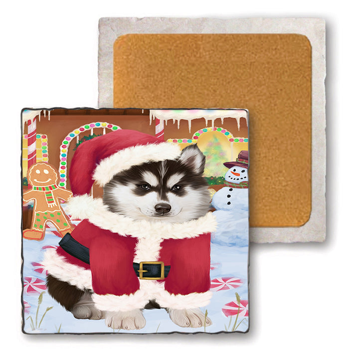 Christmas Gingerbread House Candyfest Siberian Husky Dog Set of 4 Natural Stone Marble Tile Coasters MCST51566