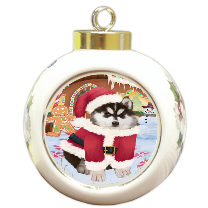 Christmas Gingerbread House Candyfest Siberian Husky Dog Round Ball Christmas Ornament RBPOR56922