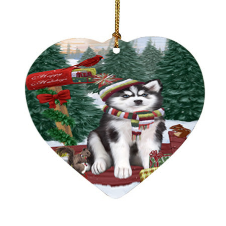Merry Christmas Woodland Sled Siberian Husky Dog Heart Christmas Ornament HPOR55402