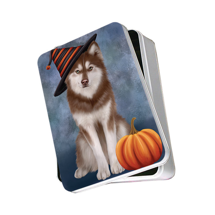 Happy Halloween Siberian Husky Dog Wearing Witch Hat with Pumpkin Photo Storage Tin PITN54723