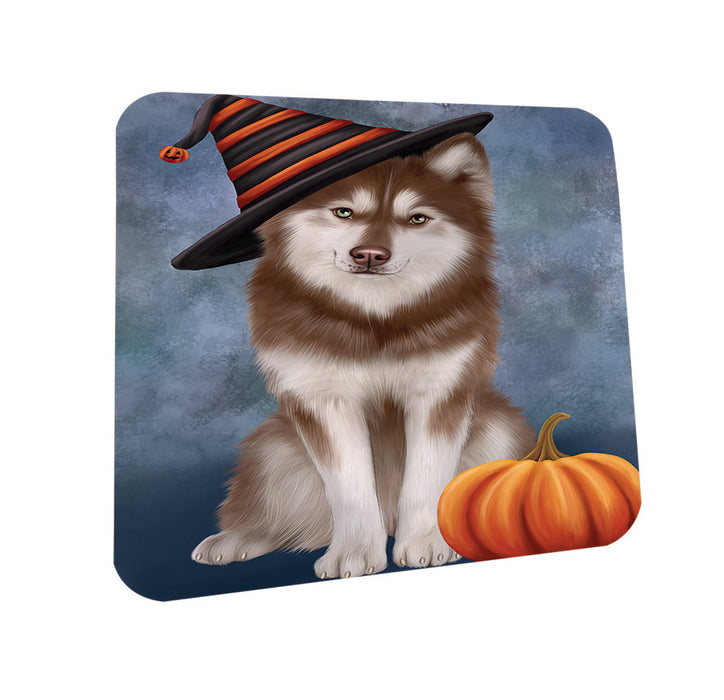 Happy Halloween Siberian Husky Dog Wearing Witch Hat with Pumpkin Coasters Set of 4 CST54738