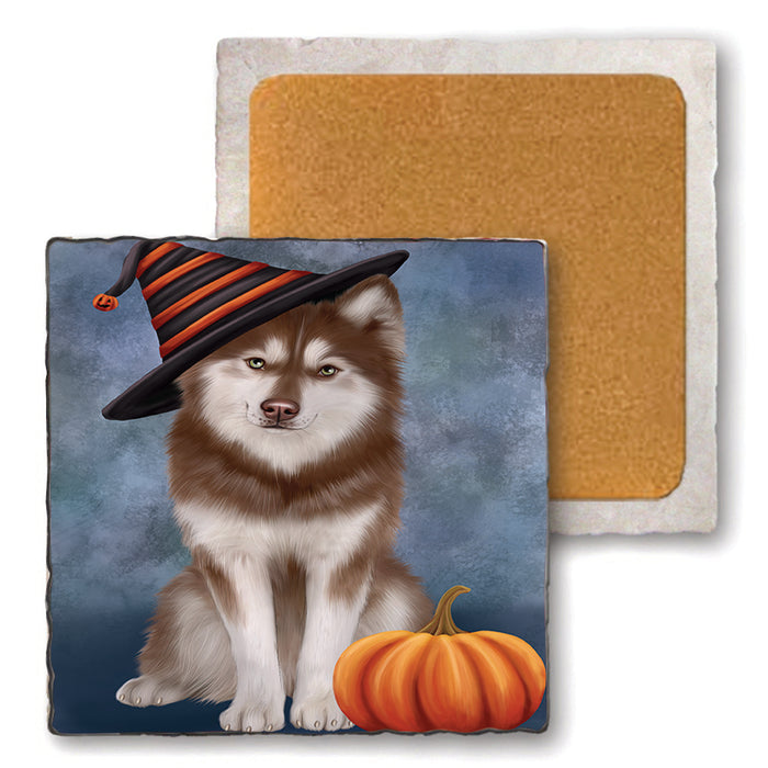 Happy Halloween Siberian Husky Dog Wearing Witch Hat with Pumpkin Set of 4 Natural Stone Marble Tile Coasters MCST49780