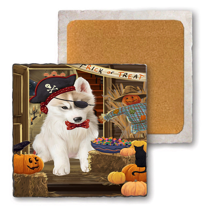 Enter at Own Risk Trick or Treat Halloween Siberian Huskie Dog Set of 4 Natural Stone Marble Tile Coasters MCST48301
