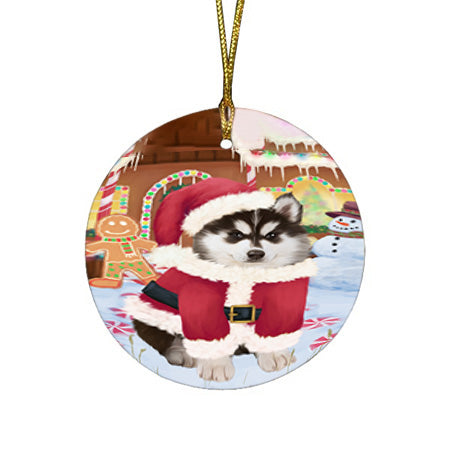 Christmas Gingerbread House Candyfest Siberian Husky Dog Round Flat Christmas Ornament RFPOR56922