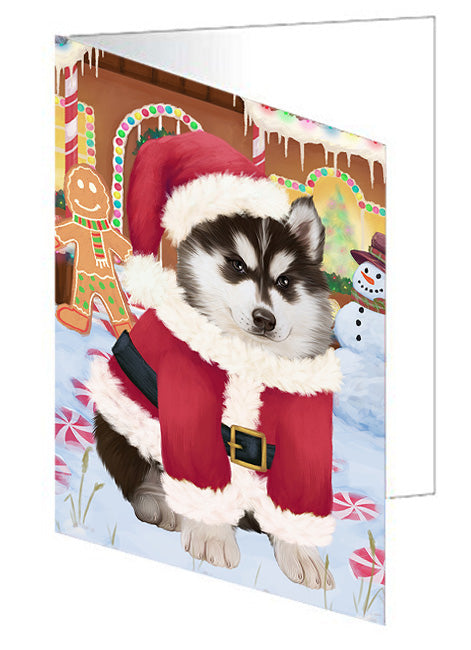 Christmas Gingerbread House Candyfest Siberian Husky Dog Handmade Artwork Assorted Pets Greeting Cards and Note Cards with Envelopes for All Occasions and Holiday Seasons GCD74213