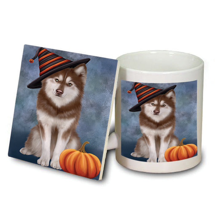Happy Halloween Siberian Husky Dog Wearing Witch Hat with Pumpkin Mug and Coaster Set MUC54772