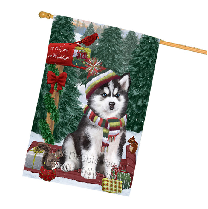 Merry Christmas Woodland Sled Siberian Husky Dog House Flag FLG55475