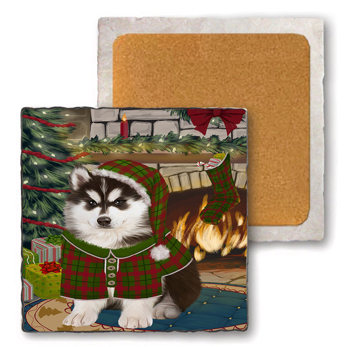 The Stocking was Hung Siberian Husky Dog Set of 4 Natural Stone Marble Tile Coasters MCST50628