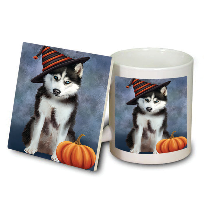 Happy Halloween Siberian Husky Dog Wearing Witch Hat with Pumpkin Mug and Coaster Set MUC54773