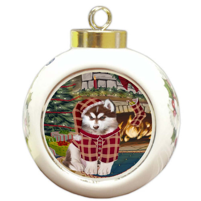 The Stocking was Hung Siberian Husky Dog Round Ball Christmas Ornament RBPOR55985