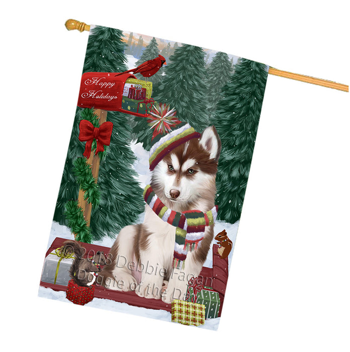 Merry Christmas Woodland Sled Siberian Husky Dog House Flag FLG55476