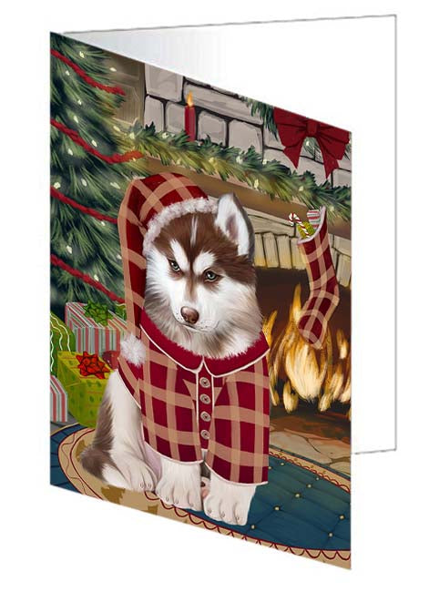 The Stocking was Hung Siberian Husky Dog Handmade Artwork Assorted Pets Greeting Cards and Note Cards with Envelopes for All Occasions and Holiday Seasons GCD71402