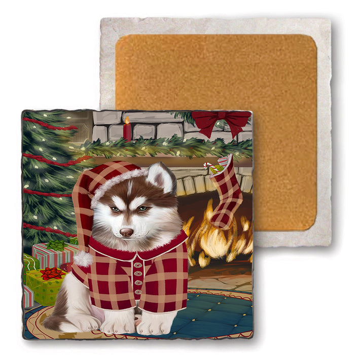 The Stocking was Hung Siberian Husky Dog Set of 4 Natural Stone Marble Tile Coasters MCST50629