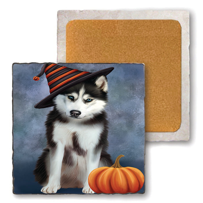 Happy Halloween Siberian Husky Dog Wearing Witch Hat with Pumpkin Set of 4 Natural Stone Marble Tile Coasters MCST49781