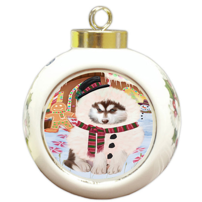 Christmas Gingerbread House Candyfest Siberian Husky Dog Round Ball Christmas Ornament RBPOR56923