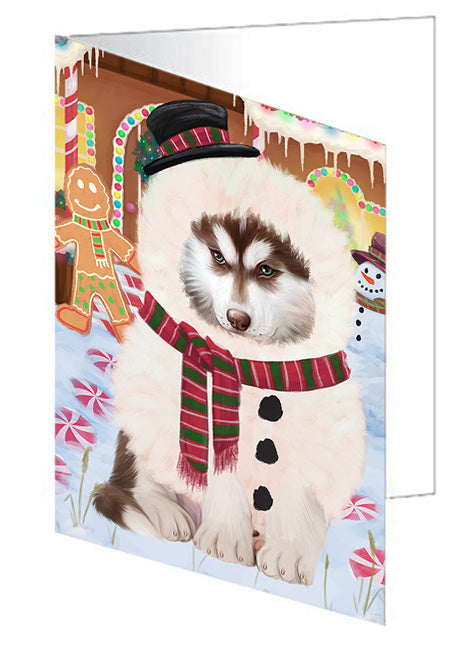 Christmas Gingerbread House Candyfest Siberian Husky Dog Handmade Artwork Assorted Pets Greeting Cards and Note Cards with Envelopes for All Occasions and Holiday Seasons GCD74216