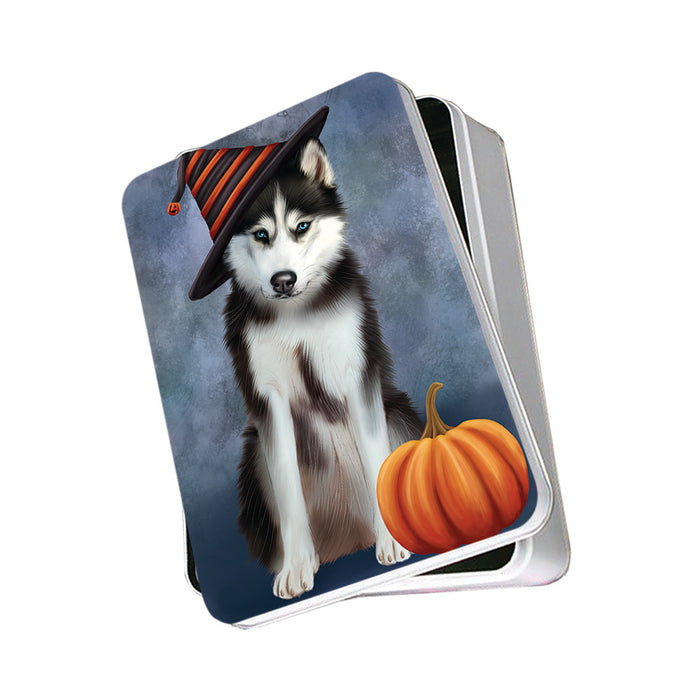 Happy Halloween Siberian Husky Dog Wearing Witch Hat with Pumpkin Photo Storage Tin PITN54724