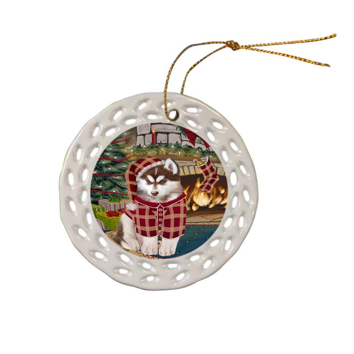 The Stocking was Hung Siberian Husky Dog Ceramic Doily Ornament DPOR55985