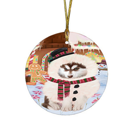 Christmas Gingerbread House Candyfest Siberian Husky Dog Round Flat Christmas Ornament RFPOR56923