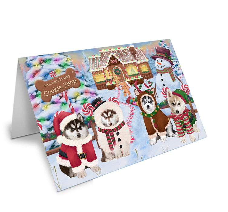 Holiday Gingerbread Cookie Shop Siberian Huskies Dog Handmade Artwork Assorted Pets Greeting Cards and Note Cards with Envelopes for All Occasions and Holiday Seasons GCD74387