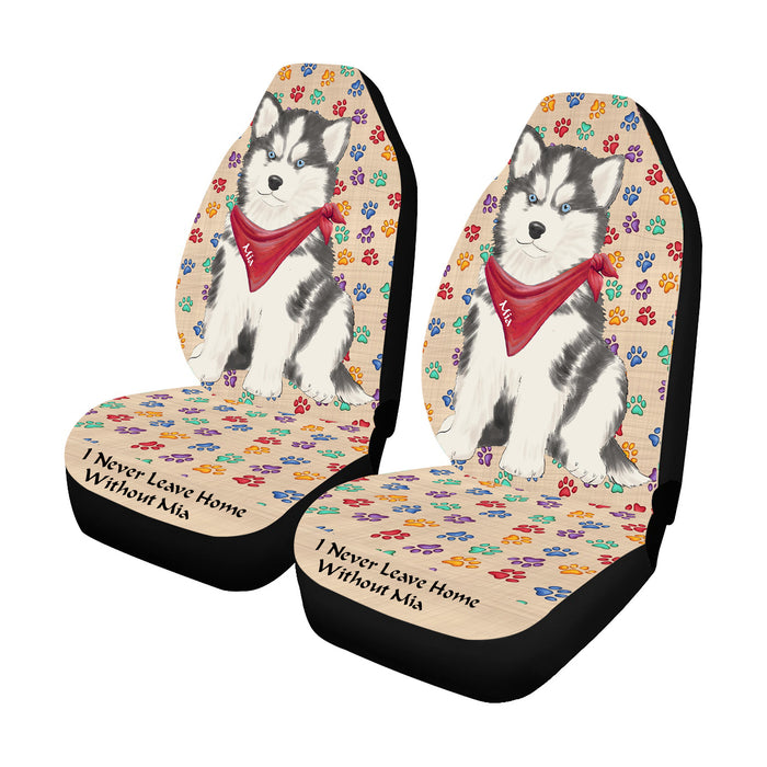 Personalized I Never Leave Home Paw Print Siberian Huskie Dogs Pet Front Car Seat Cover (Set of 2)