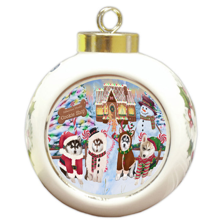 Holiday Gingerbread Cookie Shop Siberian Huskies Dog Round Ball Christmas Ornament RBPOR56980