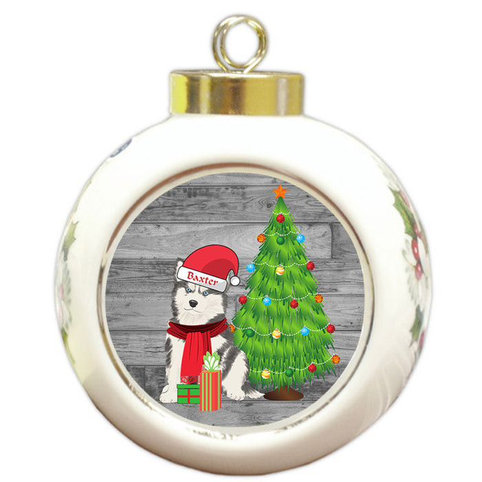 Custom Personalized Siberian Huskie Dog With Tree and Presents Christmas Round Ball Ornament