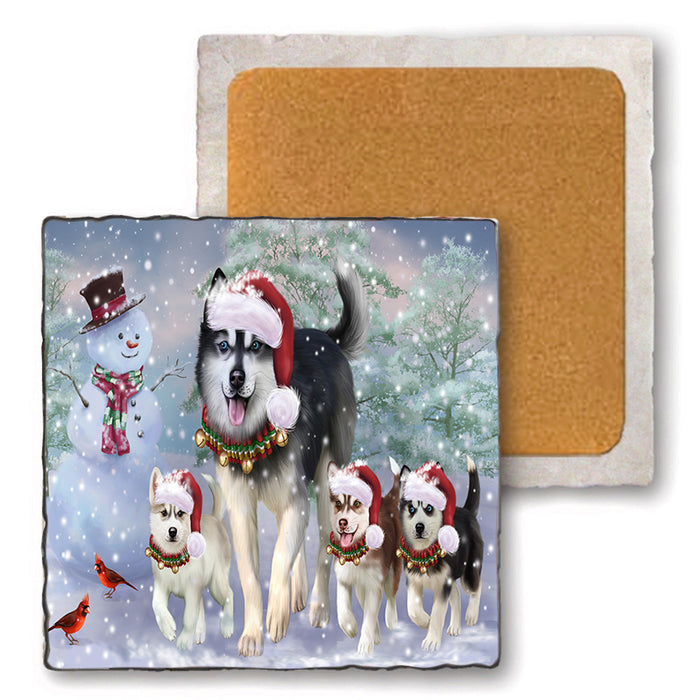Christmas Running Family Dogs Siberian Huskies Dog Set of 4 Natural Stone Marble Tile Coasters MCST49227